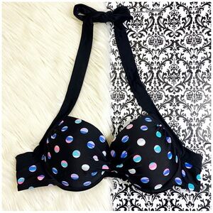 Tahiti : size S : black polka dot padded push-up halter bikini swim swimsuit top